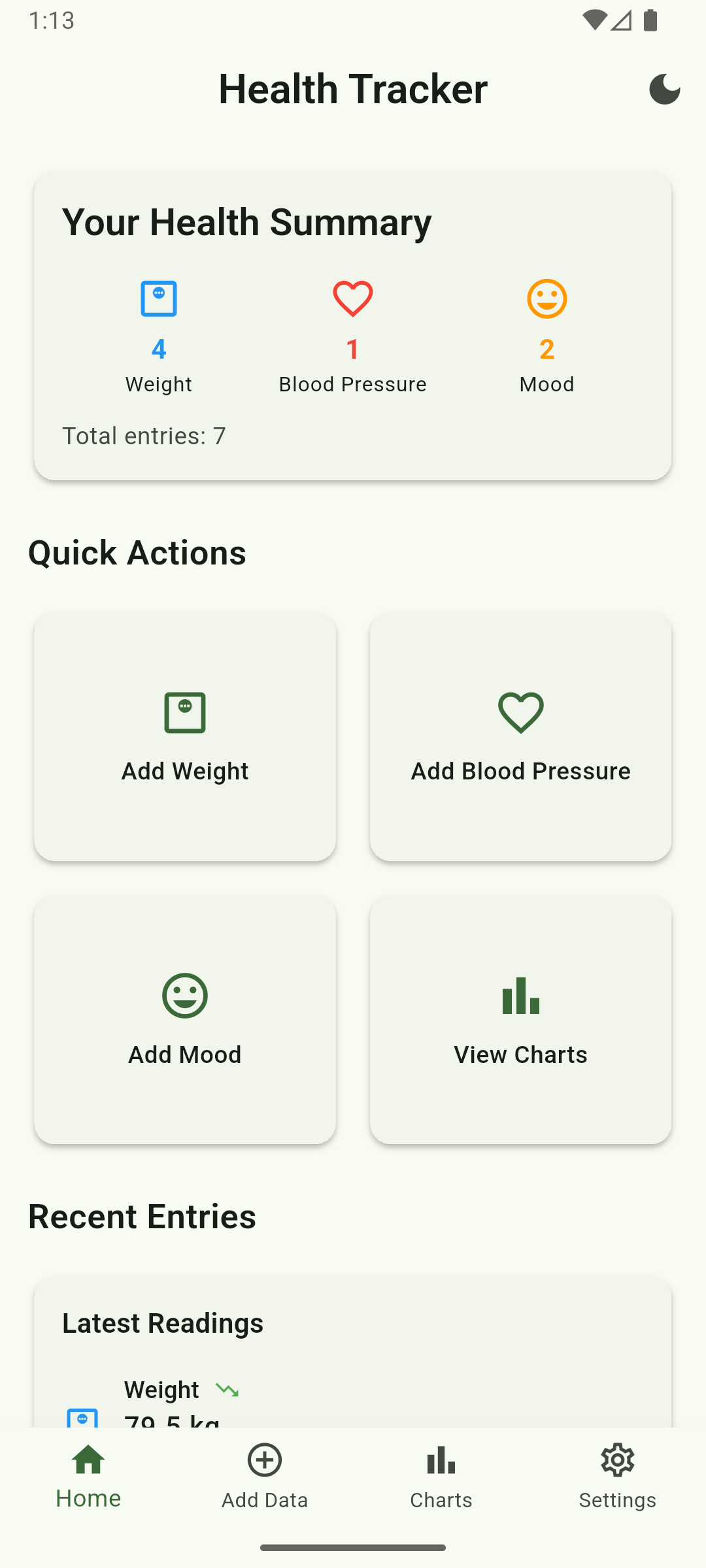 Health Tracker home screen showing health summary