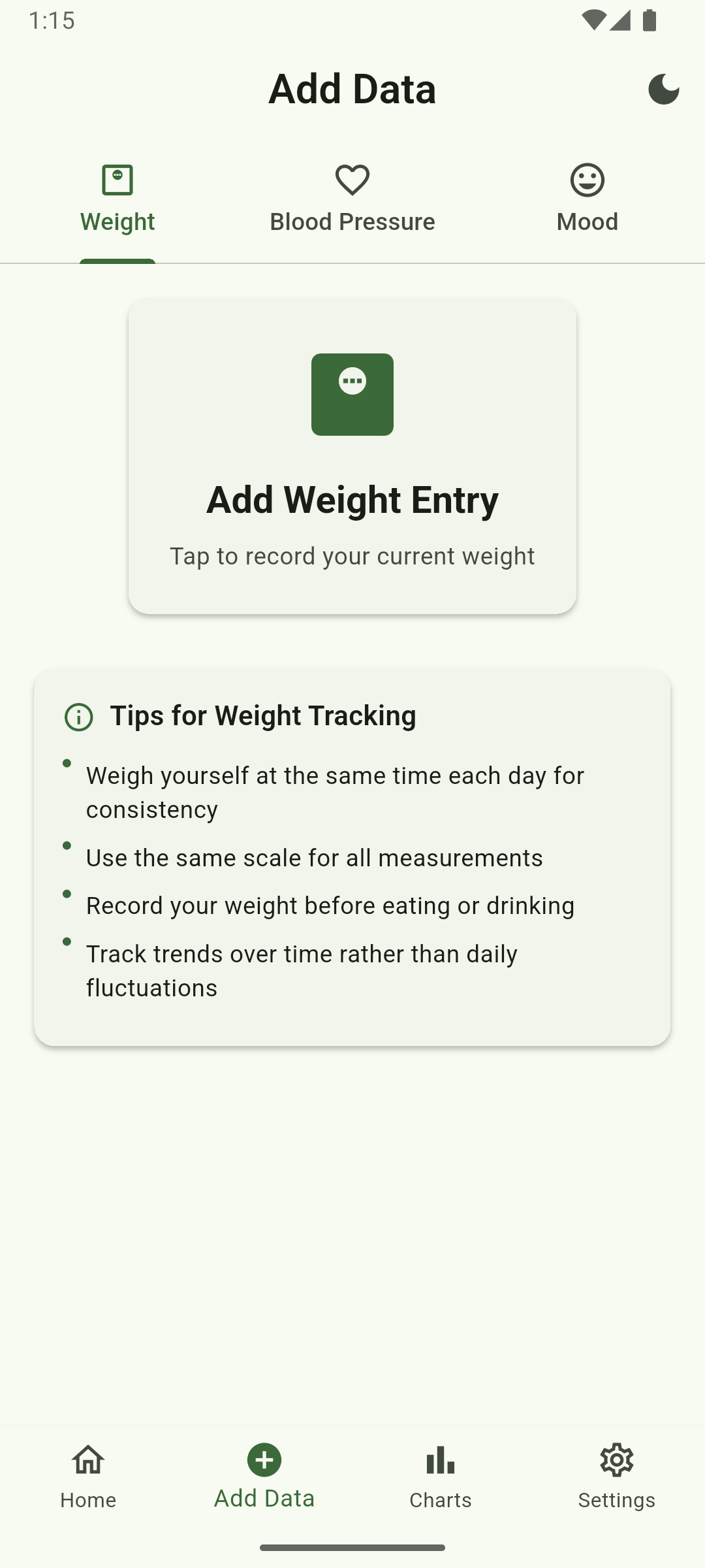 Weight tracking screen with tips